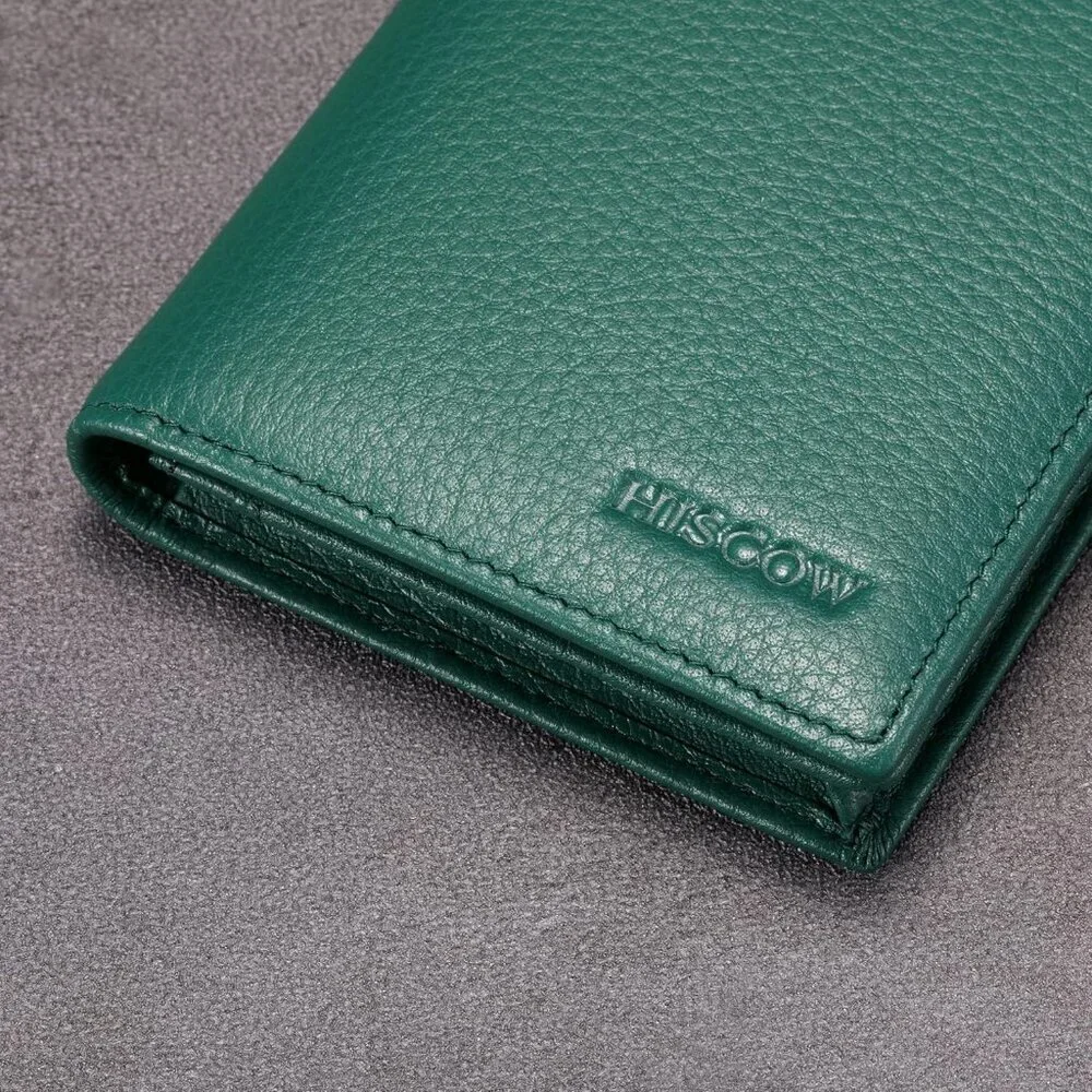 Men's Dark Green Full Grain Leather Long Bifold Wallet Credit Card Slots Style